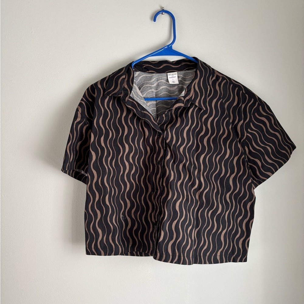 Melrose & Market Cotton Patterned Boxy Crop Short Sleeve Button Down